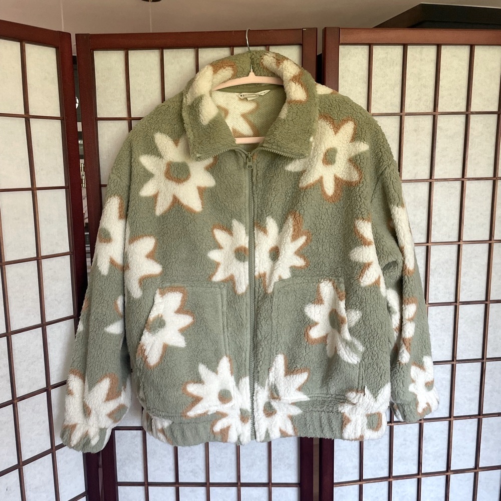 Billabong Green and White Floral Teddy Jacket